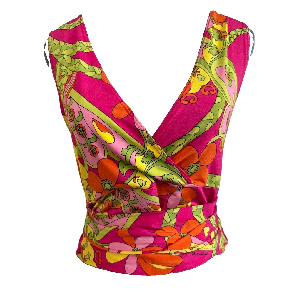 Y2K NWT Tropical Dopamine Fairy Groovy Floral Wrap Tank Wet Seal Large Pink